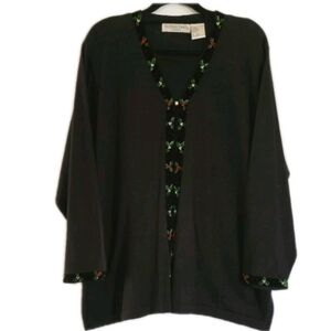 Victoria Jones Christmas Cardigan Sweater 2Fer Velvet Trim Holly Berry VTG 90's